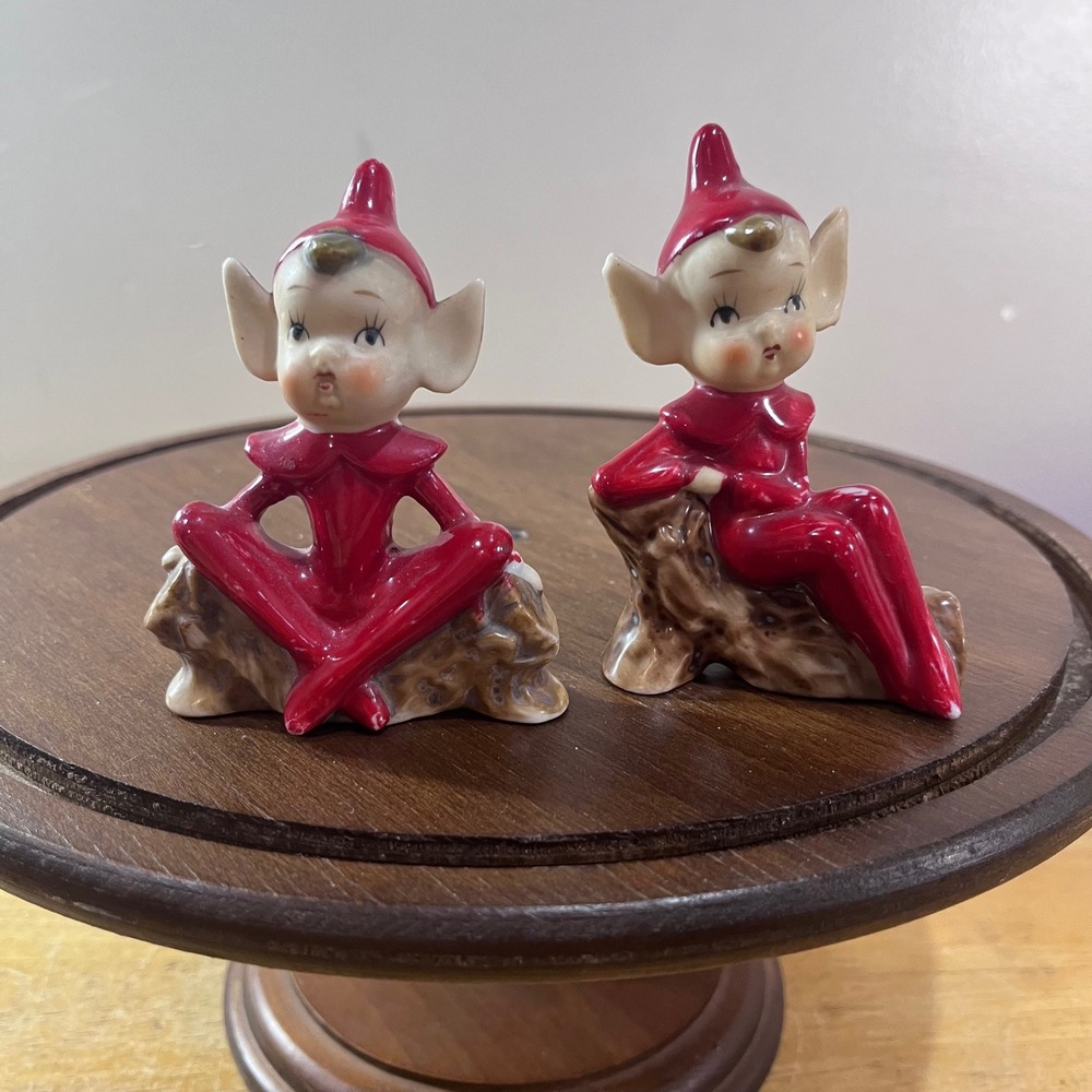 Vtg Japan Ceramic Pixie Elf Figurine Set Red Mid Century Christmas Decor 2pc